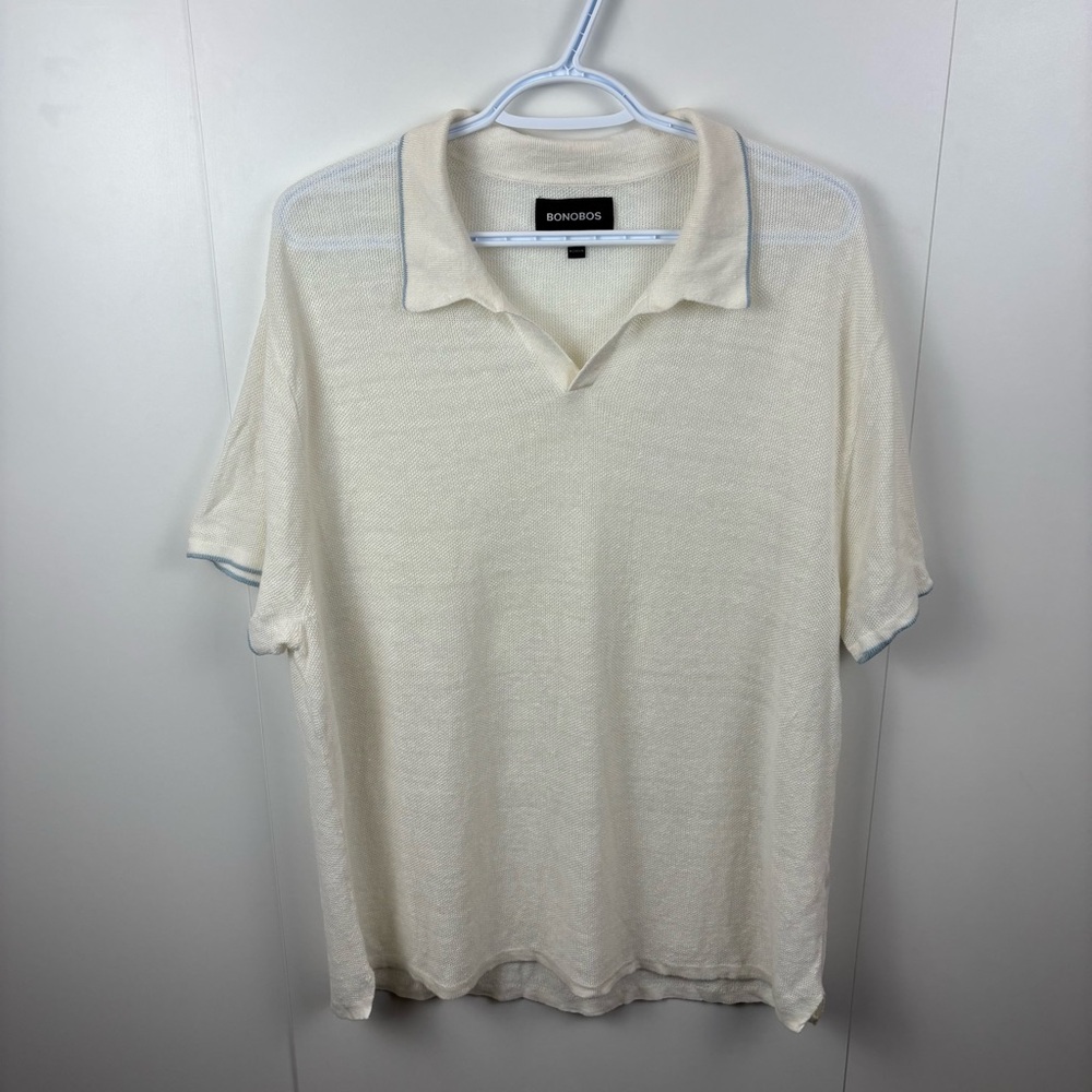 Bonobos Men's Ivory Linen Knit Polo Semi-Sheer Lightweight Open Collar sz L